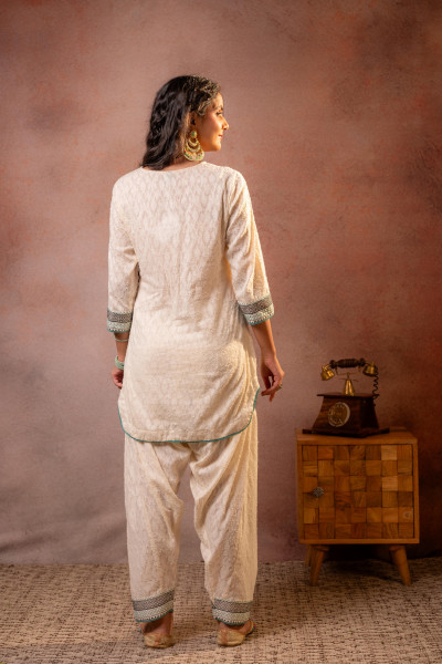 Off White & Teal Cotton Kurta Patiala Salwar Set