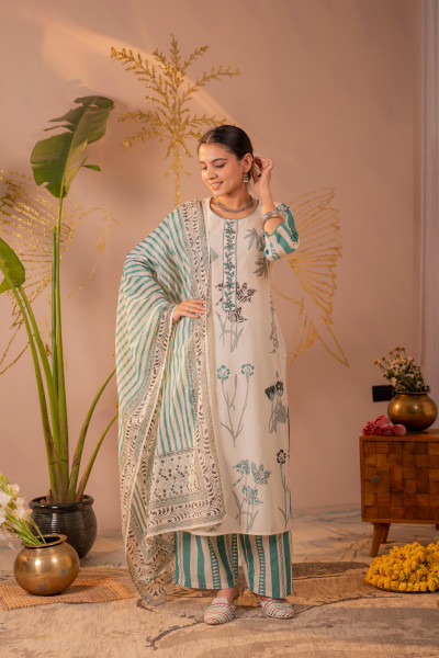 Ivory & Sea Green Botanical Printed Kurta Set with Striped Dupatta