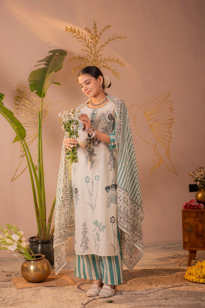 Ivory &amp; Sea Green Botanical Printed Kurta Set with Striped Dupatta