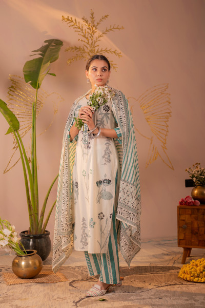 Ivory & Sea Green Botanical Printed Kurta Set with Striped Dupatta