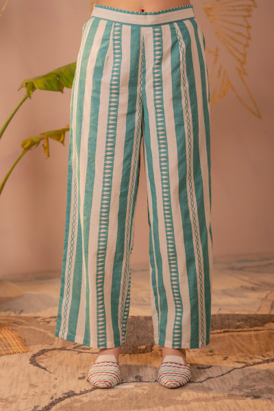 Ivory & Sea Green Botanical Printed Kurta Set with Striped Dupatta