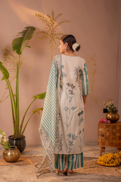Ivory & Sea Green Botanical Printed Kurta Set with Striped Dupatta