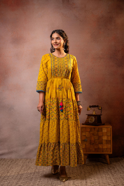 Rangriti Noor  Mustard Handcrafted Boho Dress