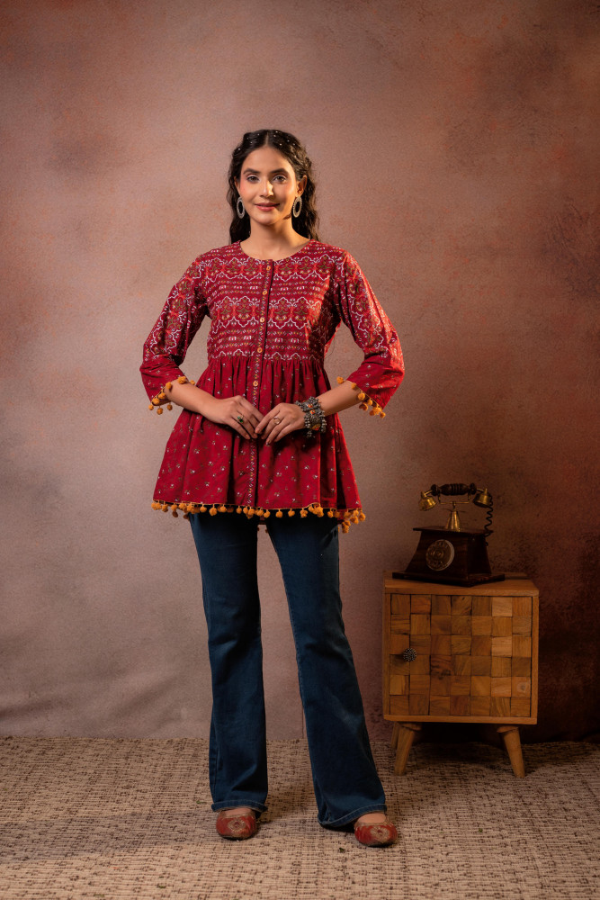 Rust Red Maroon Printed Ethnic Tunic with Tassel,pompom Details