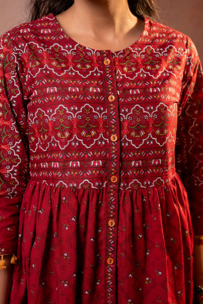 Rust Red Maroon Printed Ethnic Tunic with Tassel,pompom Details