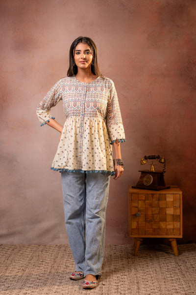 Off-White Printed Ethnic Tunic with Tassel,pompom Details
