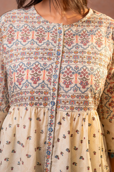 Off-White Printed Ethnic Tunic with Tassel,pompom Details