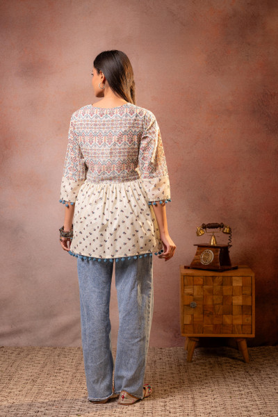 Off-White Printed Ethnic Tunic with Tassel,pompom Details