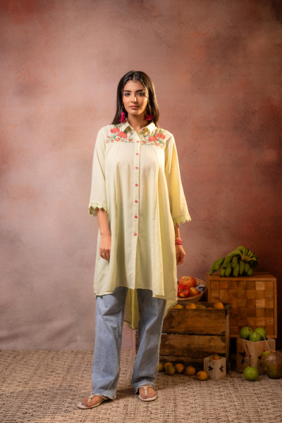 Meadow PistaGreen Bloom Embroidered Shirt Kurta