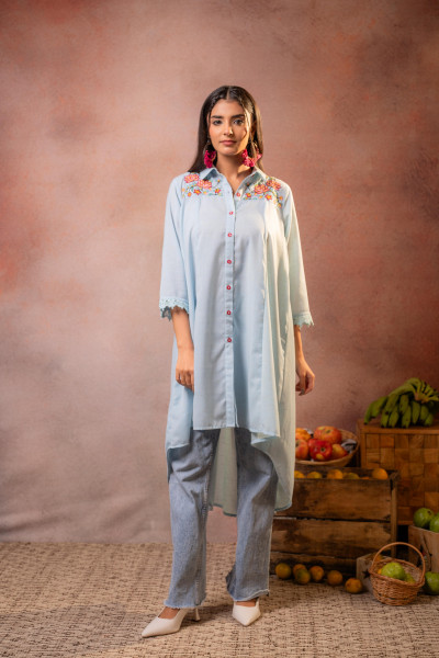 Meadow PowderBlue Bloom Embroidered Shirt Kurta