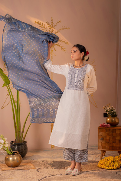 White Embroidered Straight Kurta Set with Blue Printed Dupatta