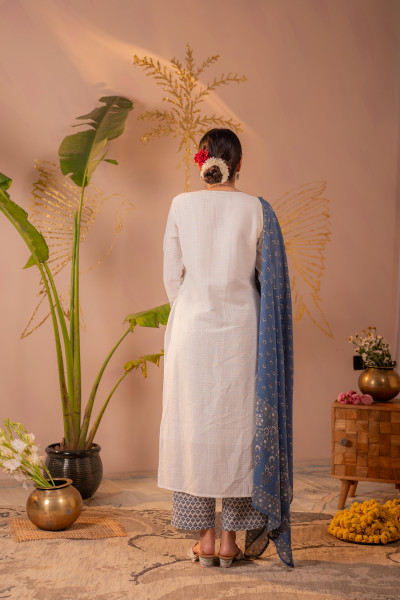 White Embroidered Straight Kurta Set with Blue Printed Dupatta