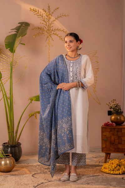 White Embroidered Straight Kurta Set with Blue Printed Dupatta