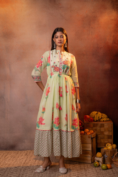 Gulbahar Lotus Festive Pista Green Anarkali Dress
