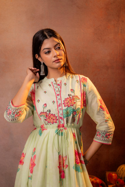 Gulbahar Lotus Festive Pista Green Anarkali Dress