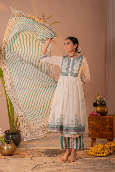 Ivory &amp; Teal Embroidered Anarkali Kurta Set with Striped Dupatta