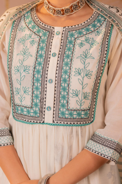 Ivory & Teal Embroidered Anarkali Kurta Set with Striped Dupatta
