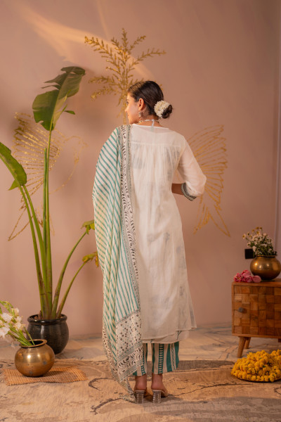 Ivory & Teal Embroidered Anarkali Kurta Set with Striped Dupatta