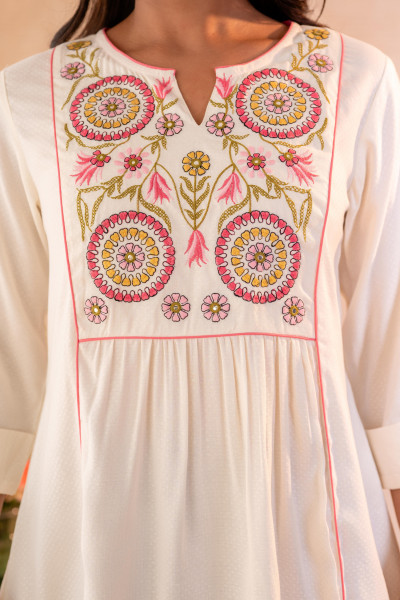 Off-White Printed Yoke Flared Ethnic Tunic