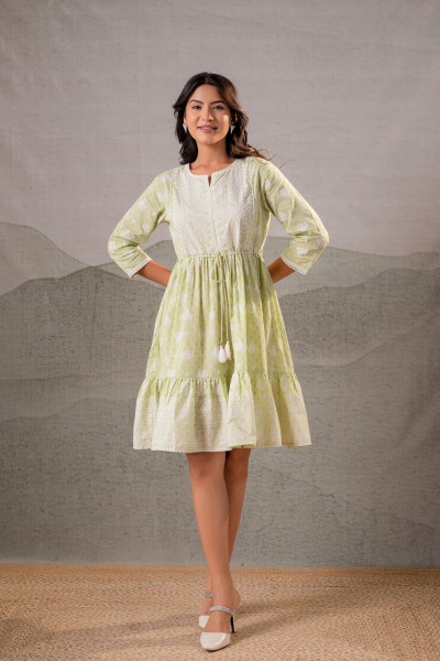 Pistachio Green Aura Handblock Flare Dress