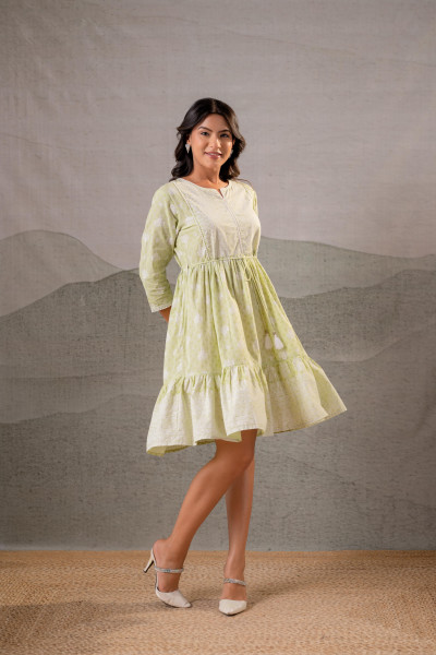 Pistachio Green Aura Handblock Flare Dress