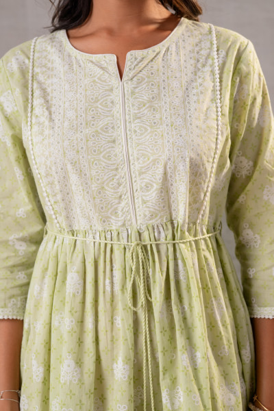 Pistachio Green Aura Handblock Flare Dress