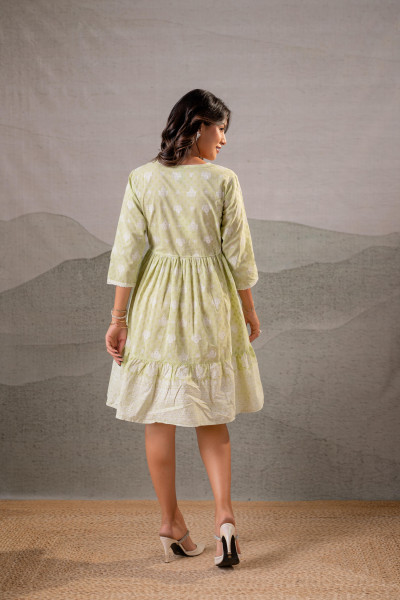 Pistachio Green Aura Handblock Flare Dress