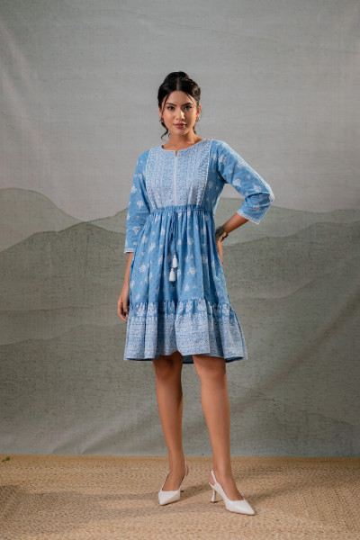 Powder Blue Aura Handblock Flare Dress