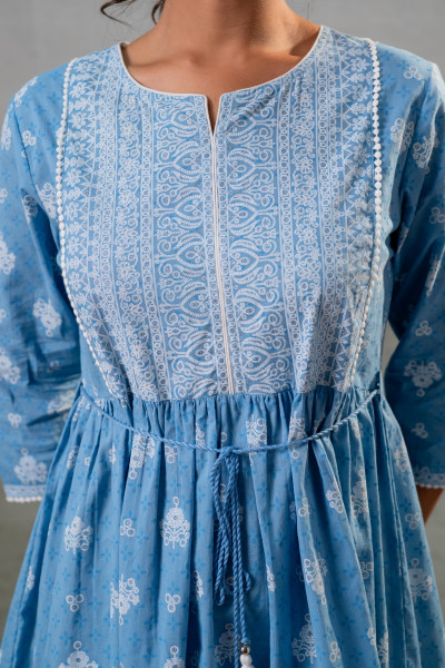 Powder Blue Aura Handblock Flare Dress