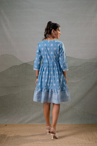 Powder Blue Aura Handblock Flare Dress