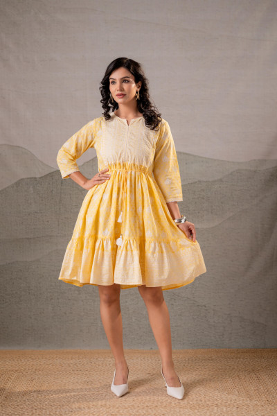 Yellow Golden Aura Handblock Flare Dress