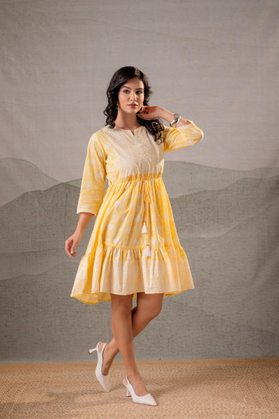 Yellow Golden Aura Handblock Flare Dress