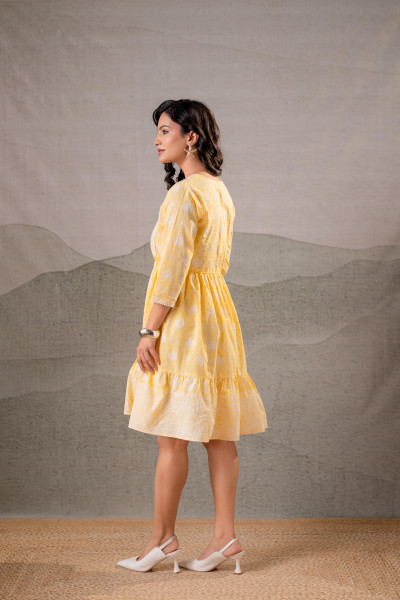 Yellow Golden Aura Handblock Flare Dress