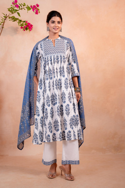 Ivory &amp; Indigo Floral Printed Anarkali Kurta Set with Coordinated Dupatta