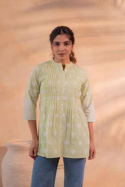Pista Green Floral Printed Cotton Tunic
