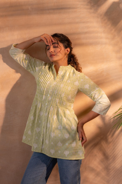 Pista Green Floral Printed Cotton Tunic