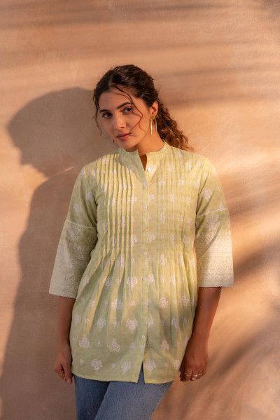 Pista Green Floral Printed Cotton Tunic