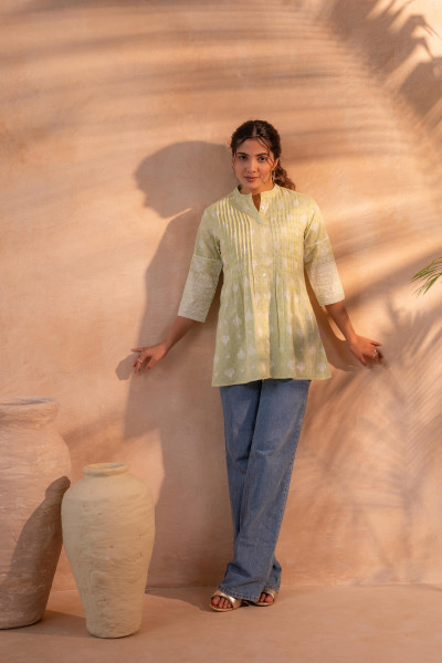 Pista Green Floral Printed Cotton Tunic