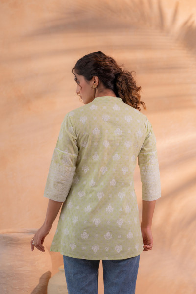 Pista Green Floral Printed Cotton Tunic