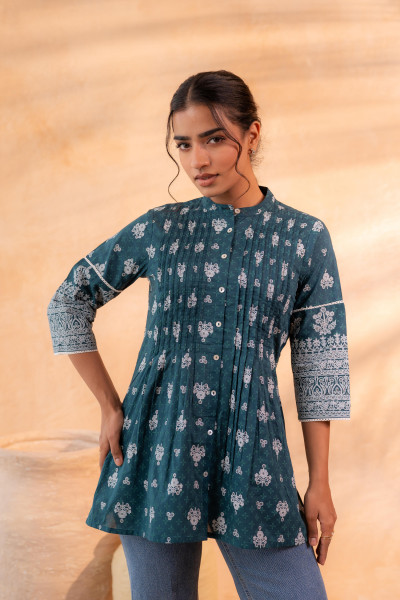 Teal Floral Printed Cotton A-Line Tunic