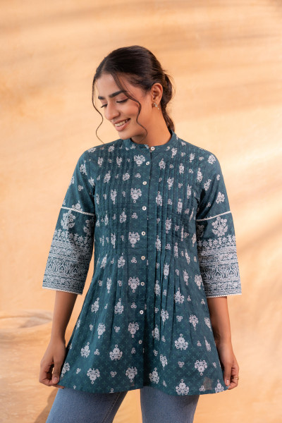 Teal Floral Printed Cotton A-Line Tunic