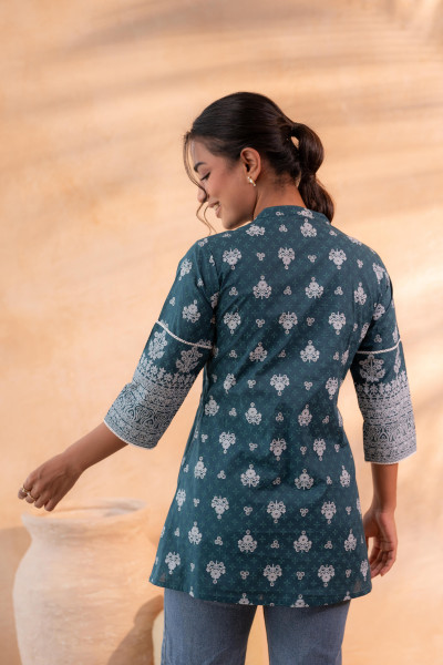 Teal Floral Printed Cotton A-Line Tunic