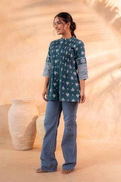 Teal Floral Printed Cotton A-Line Tunic