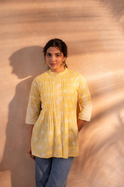 Yellow Floral Printed Cotton A-Line Tunic
