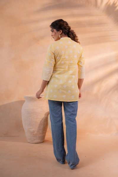 Yellow Floral Printed Cotton A-Line Tunic