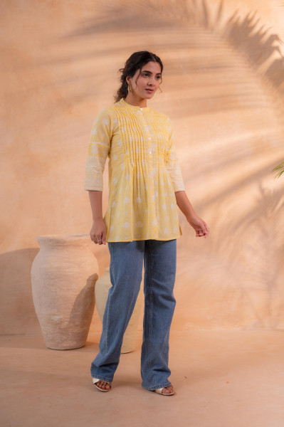 Yellow Floral Printed Cotton A-Line Tunic