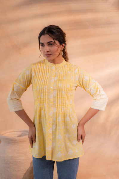 Yellow Floral Printed Cotton A-Line Tunic
