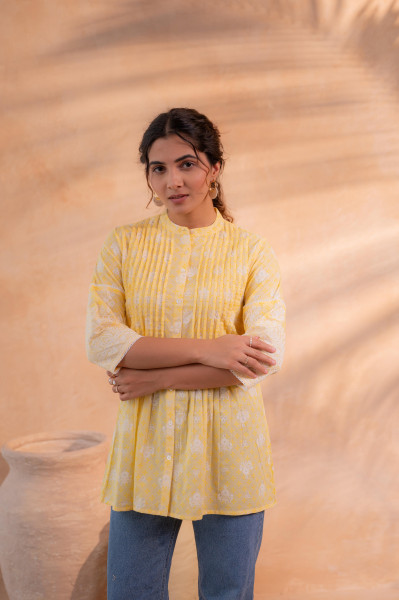 Yellow Floral Printed Cotton A-Line Tunic