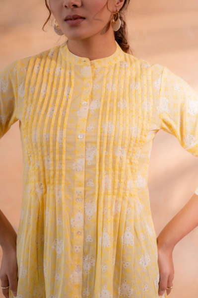 Yellow Floral Printed Cotton A-Line Tunic