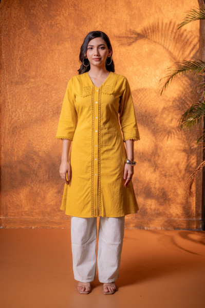 Mustard Lace-Detailed  Kurta